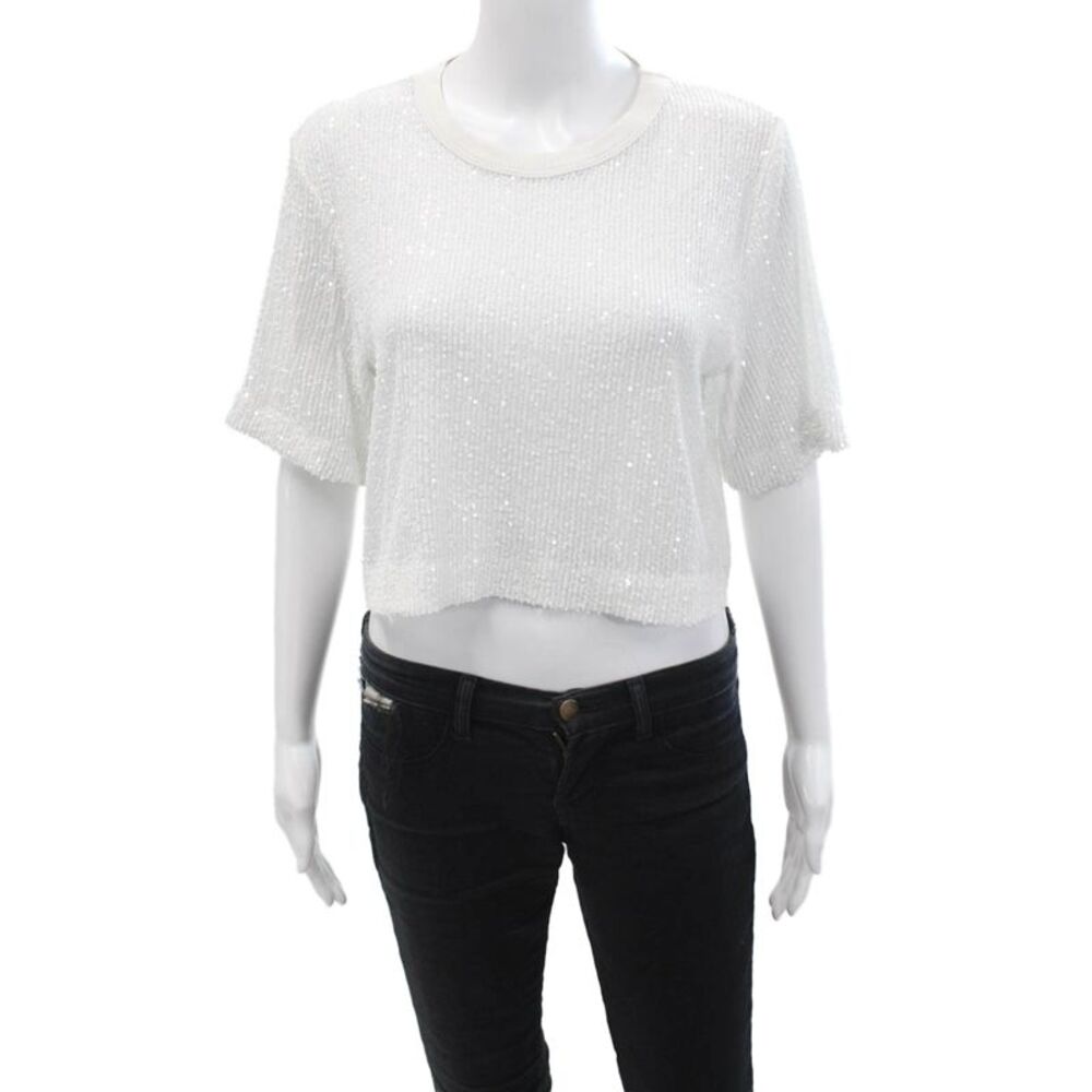 ITMFL, Women Cropped White Sequined Short Sleeve 80s T-Shirt Size S